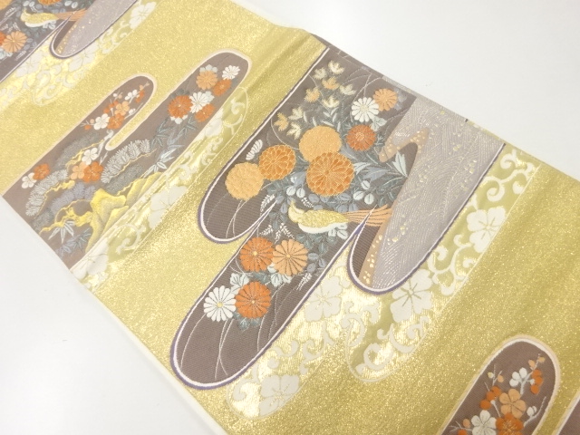 アンティーク　ヱ霞に花鳥模様織出し袋帯（材料）